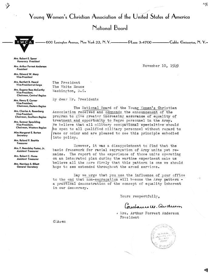 Constance Anderson to Harry S. Truman, with attached memo from William Hassett to Charles Fahy