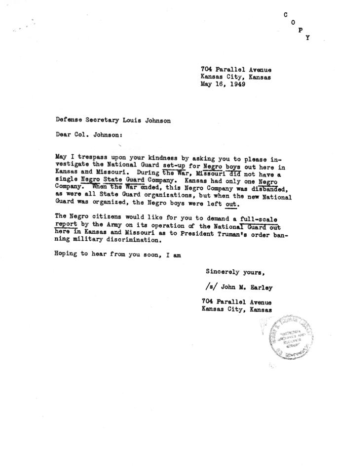 John M. Earley to Louis Johnson, with reply by James Evans