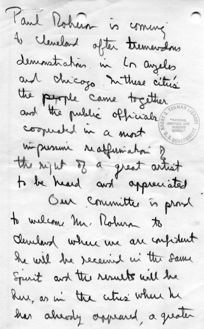 Handwritten remarks re: visit of Paul Robeson to Cleveland