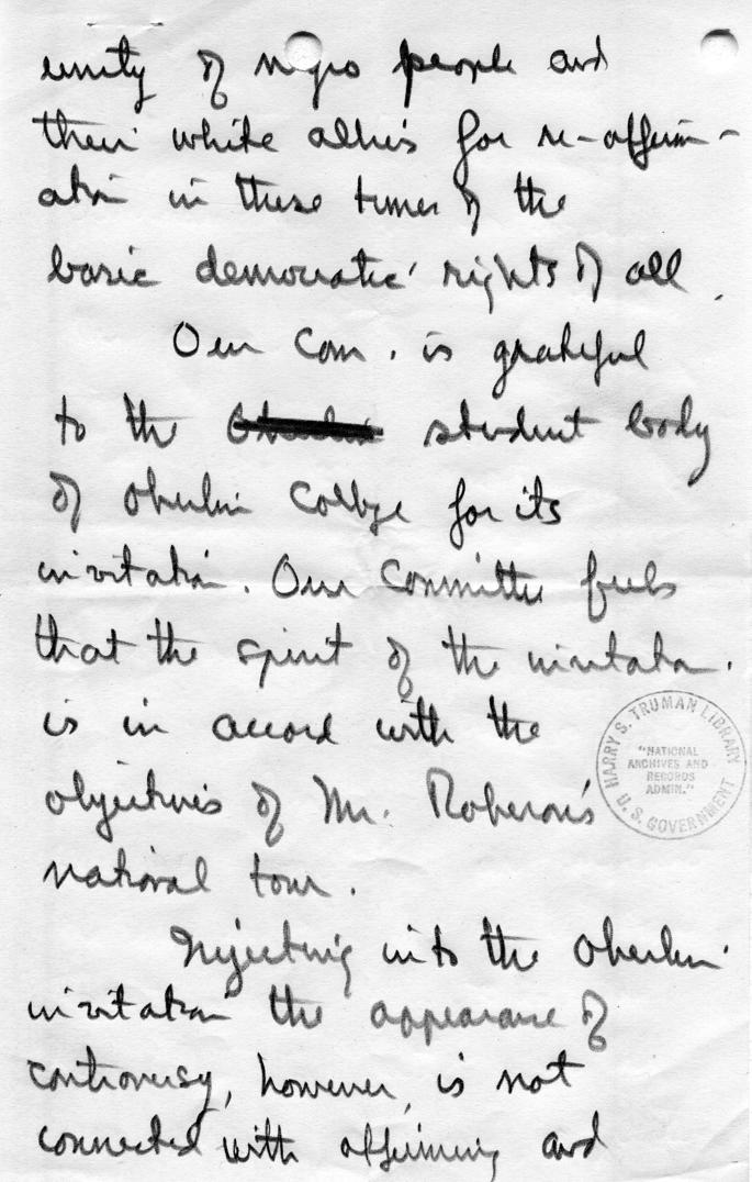 Handwritten remarks re: visit of Paul Robeson to Cleveland