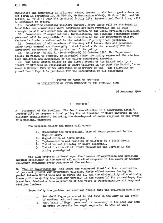 Circular No. 124-- \"Utilization of Negro Manpower in the Postwar Army Policy\"