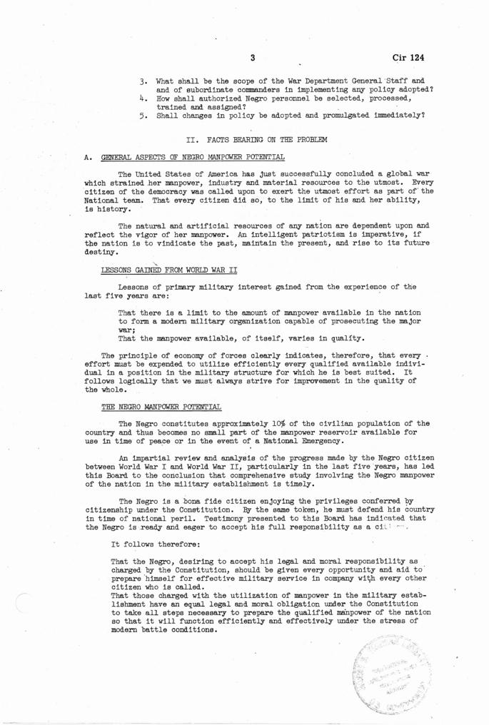 Circular No. 124-- \"Utilization of Negro Manpower in the Postwar Army Policy\"