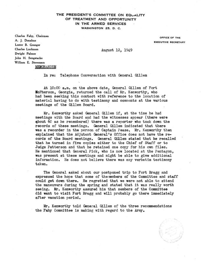 Memo of Telephone Conversation with General Gillem