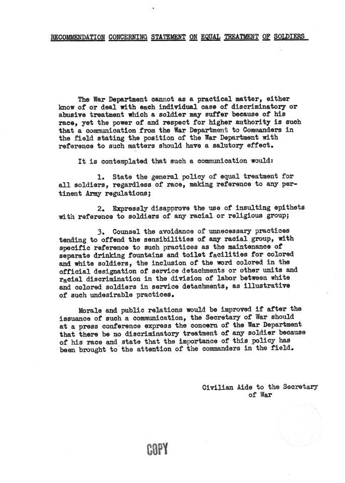 Excerpts from \"Survey and Recommendations Concerning the Integration of the Negro Soldier into the Army\"