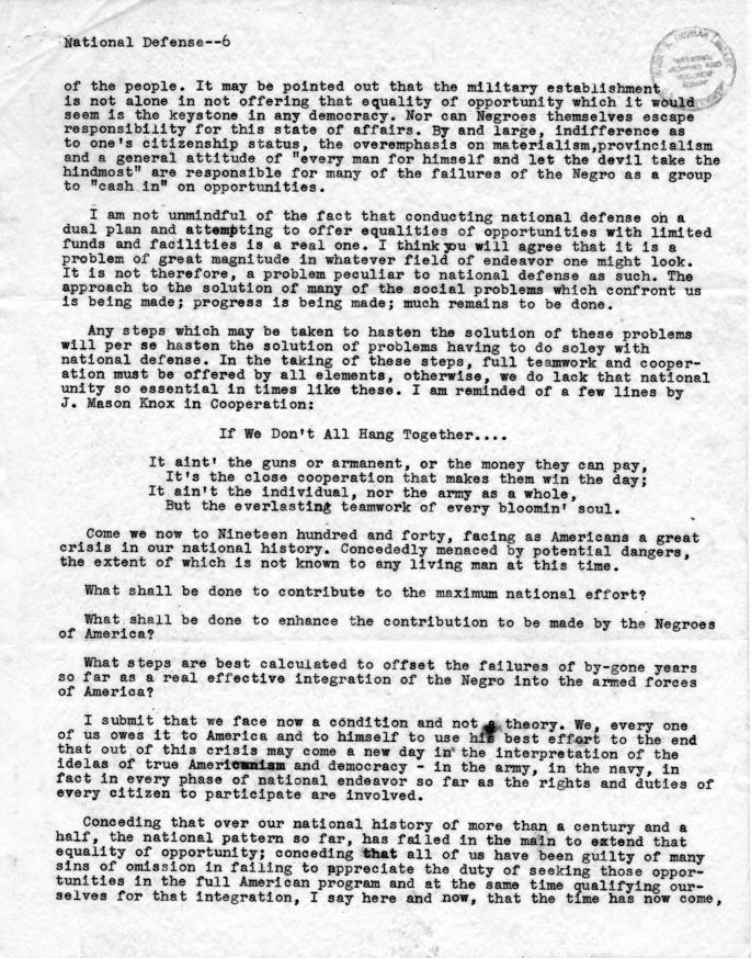 \"The Negroes\' Historical and Contemporary Role In National Defense\"