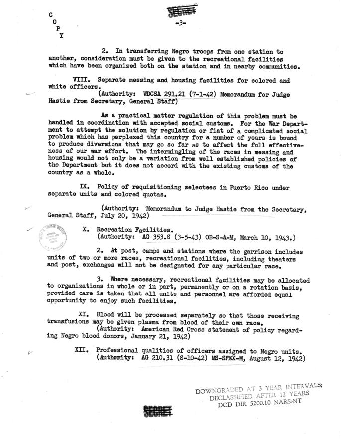 \"Digest of War Department Policy Pertaining to Negro Military Personnel\" by J.S. Leonard