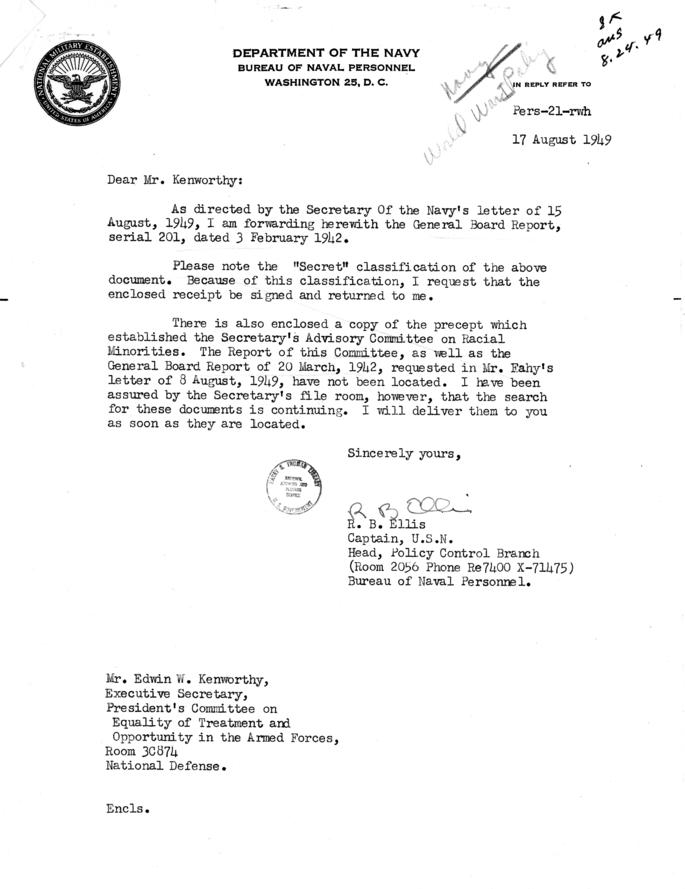R.B. Ellis to E.W. Kenworthy, with attachments