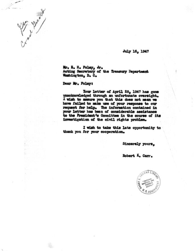 Correspondence between Robert Carr and E.H. Foley, Jr.