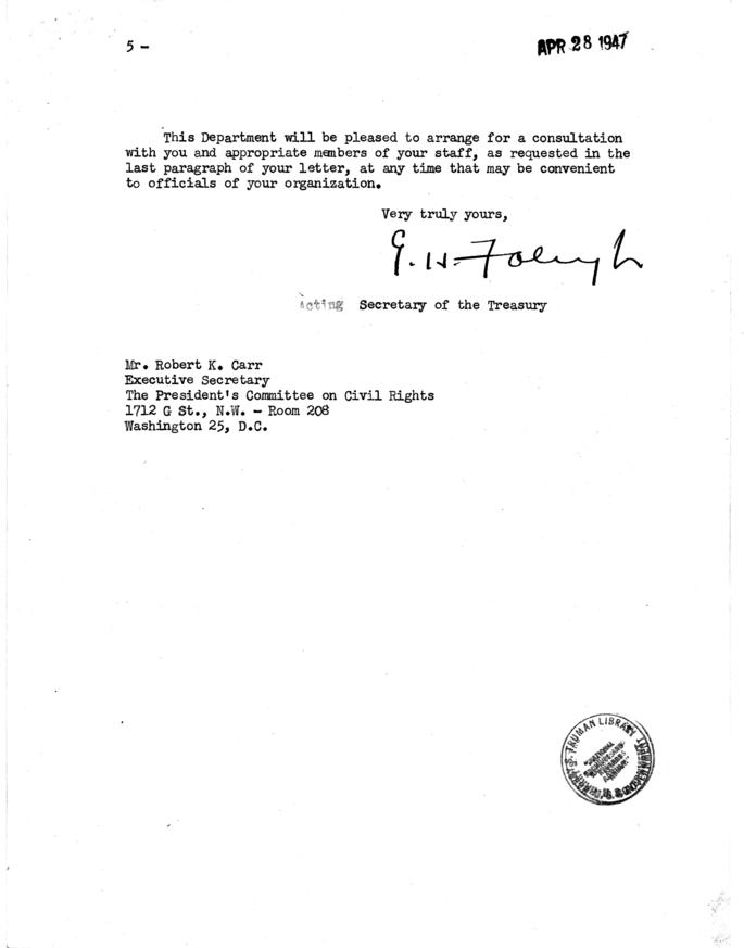 Correspondence between Robert Carr and E.H. Foley, Jr.