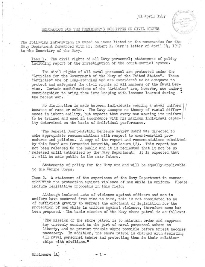 Memo for the President\'s Committee on Civil Rights