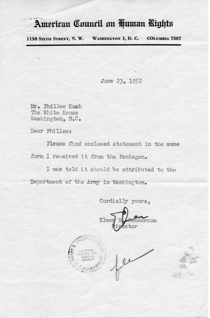 Elmer Henderson to Philleo Nash, with attachments