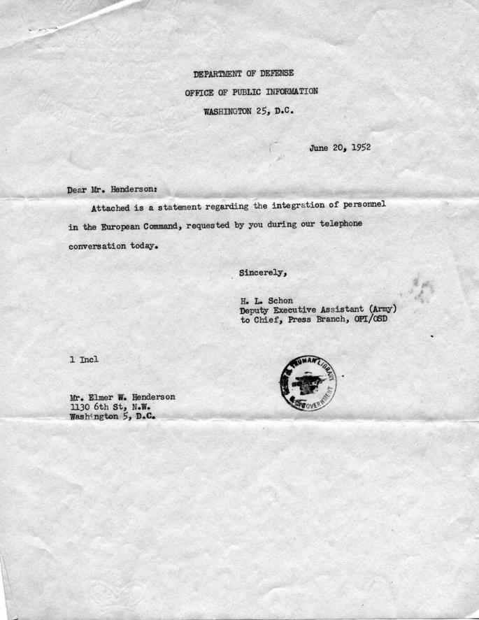 Elmer Henderson to Philleo Nash, with attachments