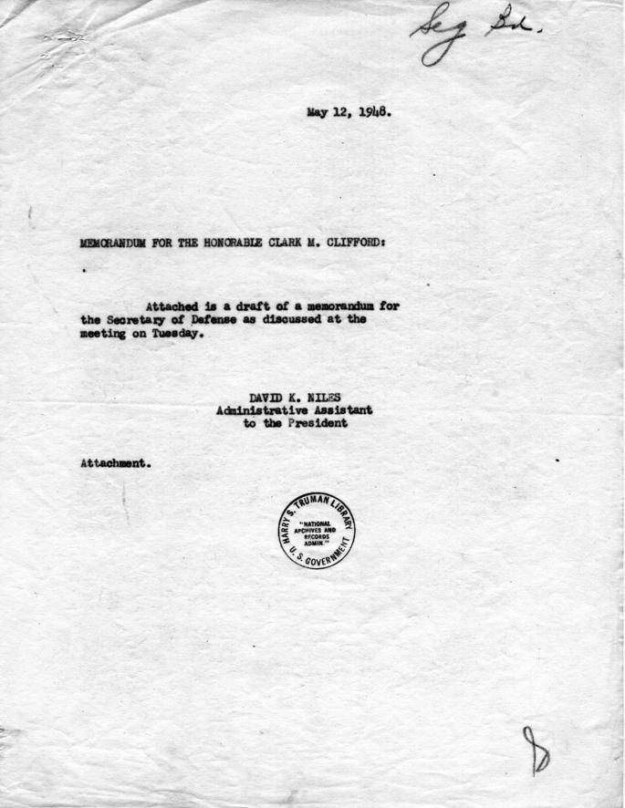 David Niles to Clark Clifford, with attached memorandum