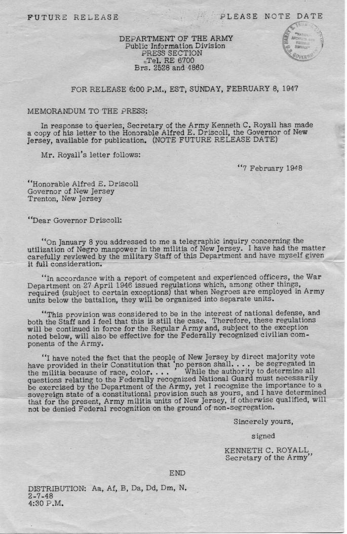 Press Release [misdated February 8, 1947]