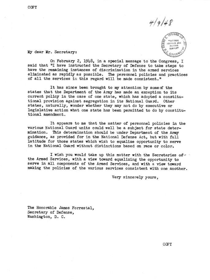 Draft of letter to James Forrestal