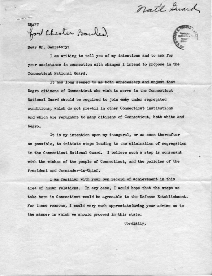 Draft of letter for Chester Bowles to James Forrestal