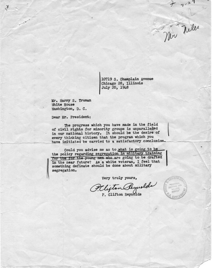P. Clifton Reynolds to Harry S. Truman, with reply by David Niles