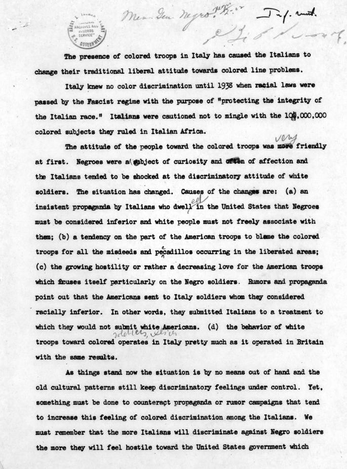 Memo re: Negro troops in Italy