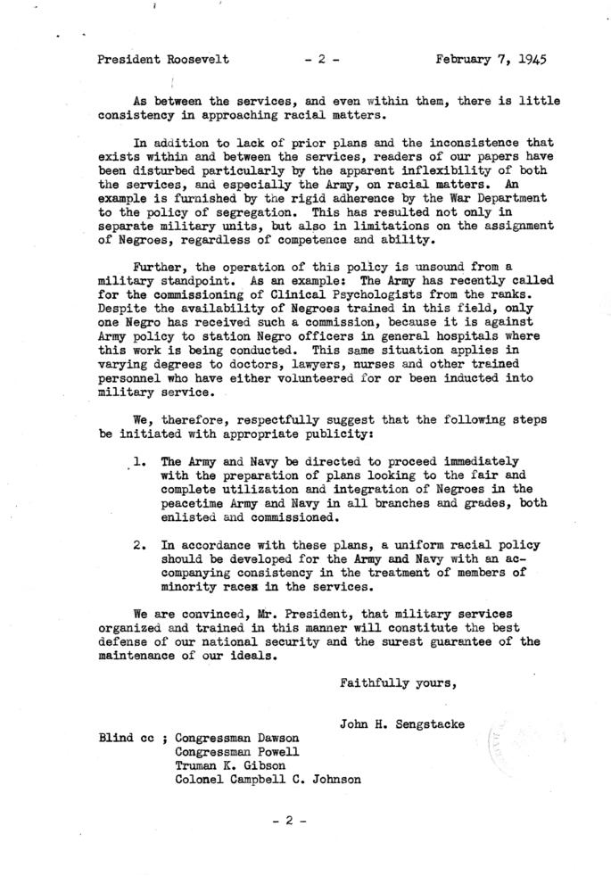 John Sengstacke to Truman Gibson, Jr., with attached letter