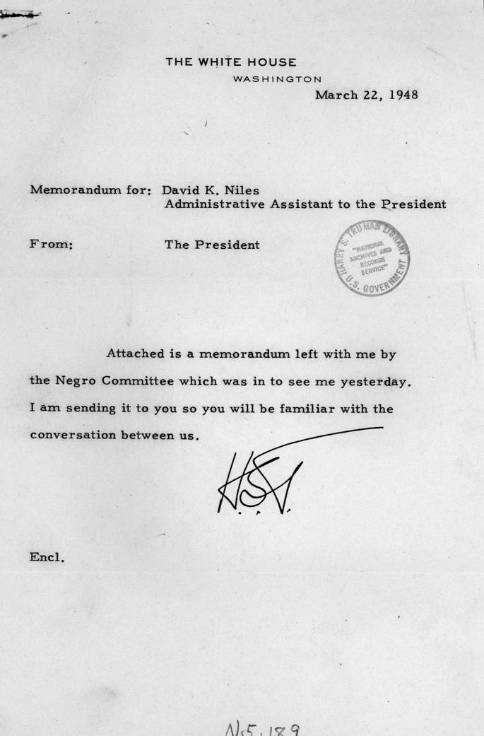 Harry S. Truman to David Niles, with attached memorandum