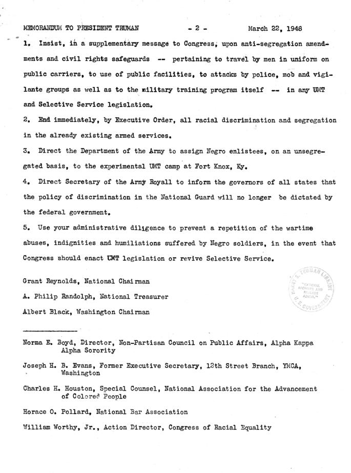 Harry S. Truman to David Niles, with attached memorandum