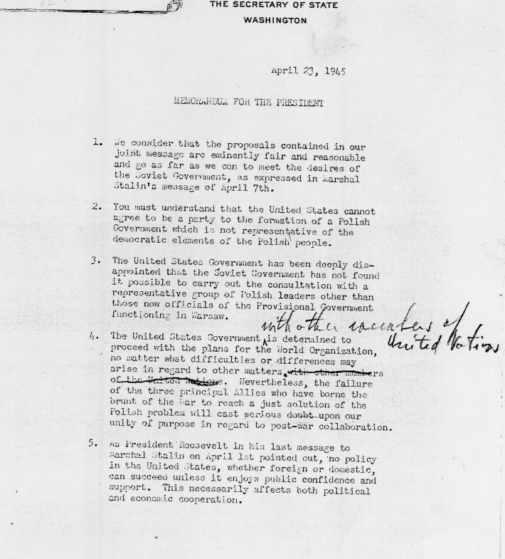 Memo, Edward Stettinius to Harry S. Truman