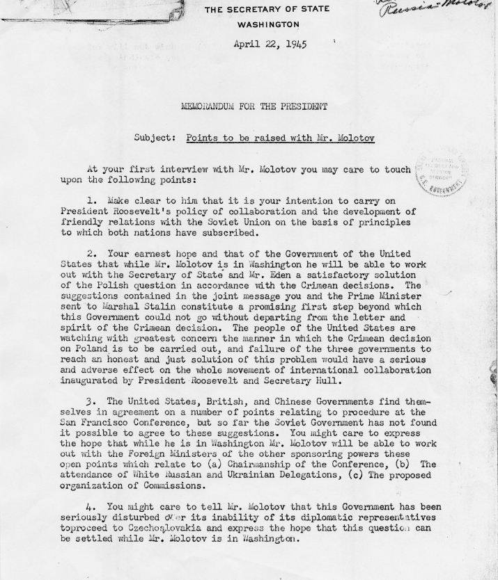 Memo, Edward Stettinius to Harry S. Truman