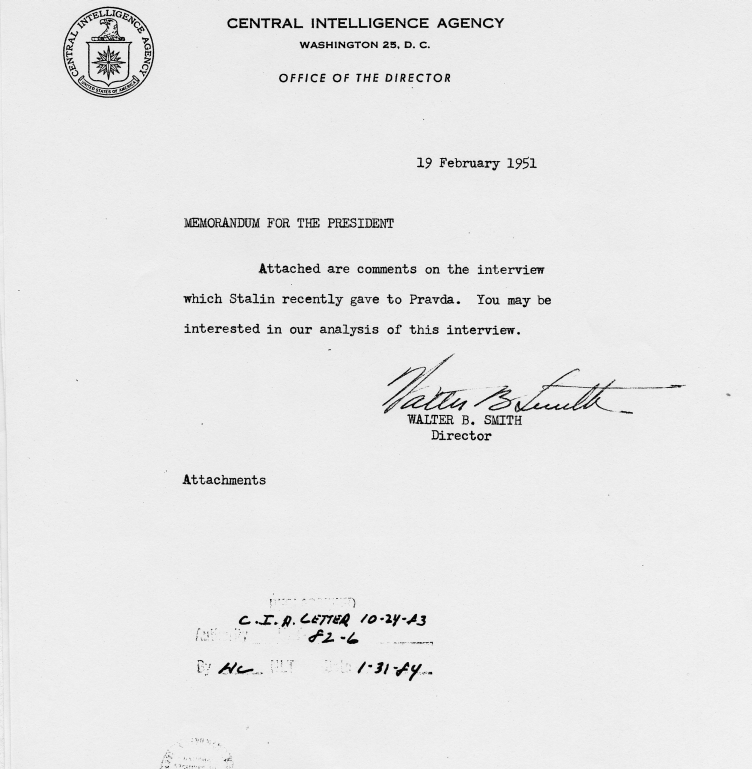 Memo, Walter Bedell Smith to Harry S. Truman accompanied by a memorandum