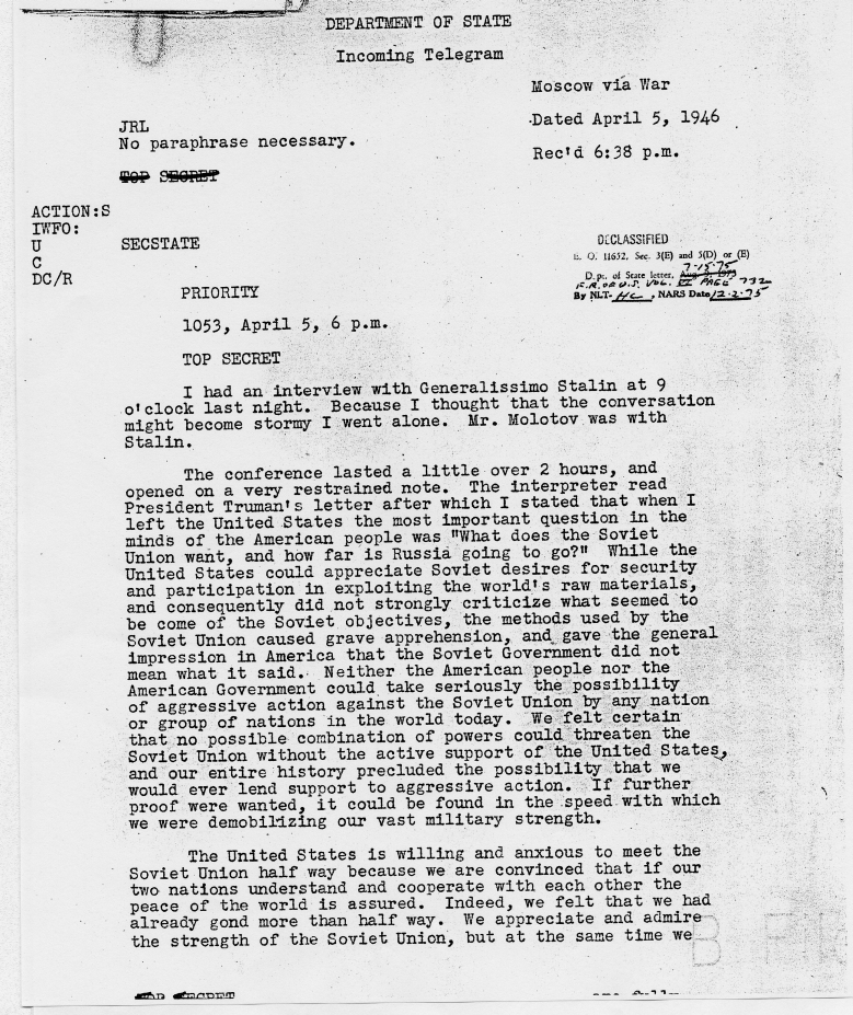 Telegram, Josef Stalin to Harry S. Truman, with related material