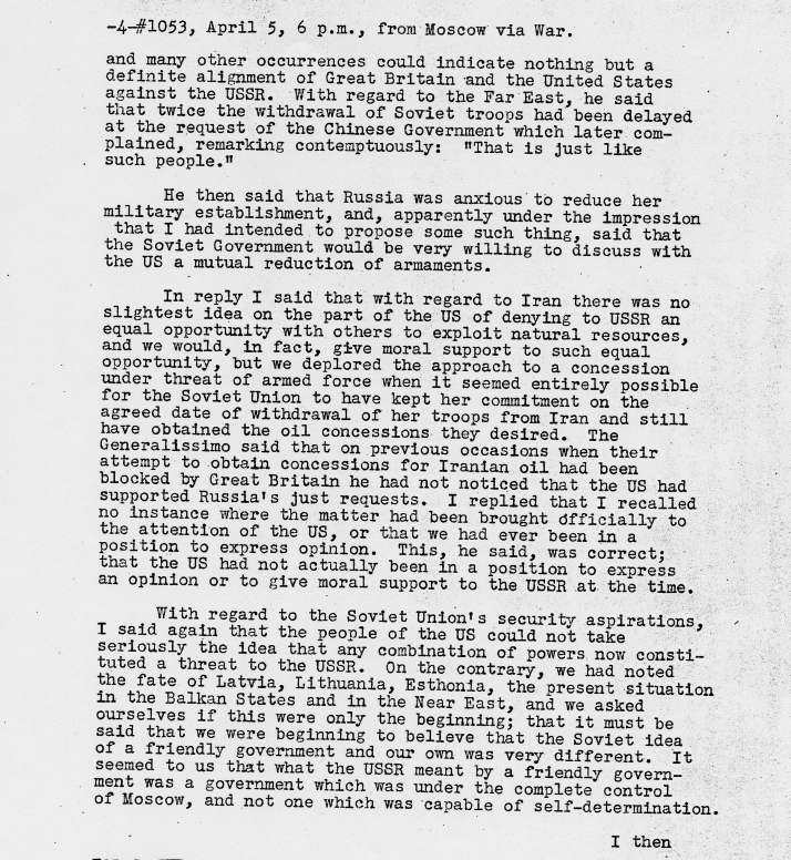 Telegram, Josef Stalin to Harry S. Truman, with related material