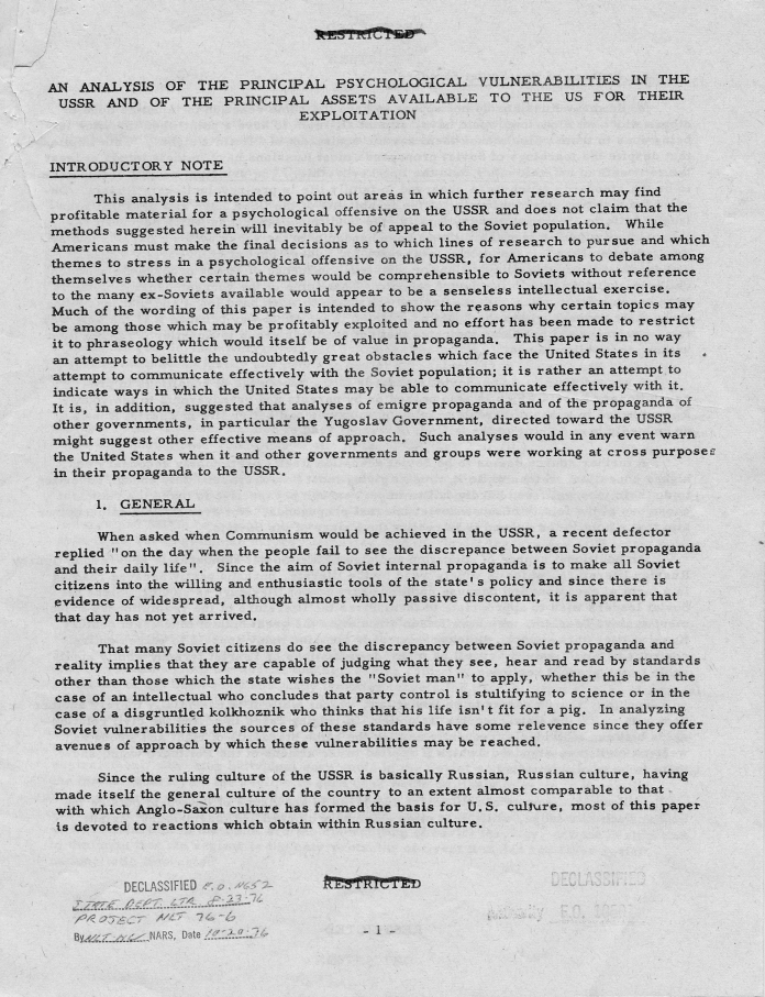 Report, \"An Analysis of the Principal Psychological Vulnerabilities in the USSR and of the Principal Assets Available to the US for Their Exploitation\"