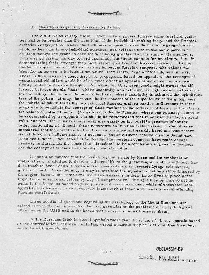 Report, \"An Analysis of the Principal Psychological Vulnerabilities in the USSR and of the Principal Assets Available to the US for Their Exploitation\"