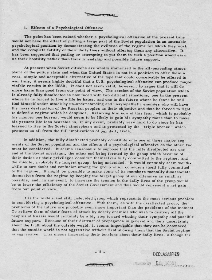 Report, \"An Analysis of the Principal Psychological Vulnerabilities in the USSR and of the Principal Assets Available to the US for Their Exploitation\"