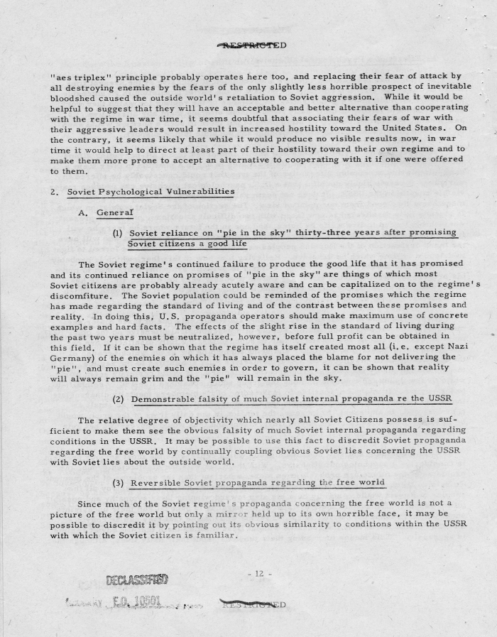 Report, \"An Analysis of the Principal Psychological Vulnerabilities in the USSR and of the Principal Assets Available to the US for Their Exploitation\"