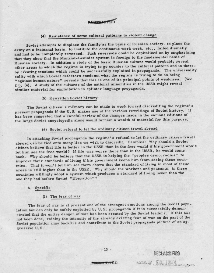 Report, \"An Analysis of the Principal Psychological Vulnerabilities in the USSR and of the Principal Assets Available to the US for Their Exploitation\"