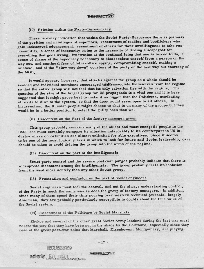 Report, \"An Analysis of the Principal Psychological Vulnerabilities in the USSR and of the Principal Assets Available to the US for Their Exploitation\"