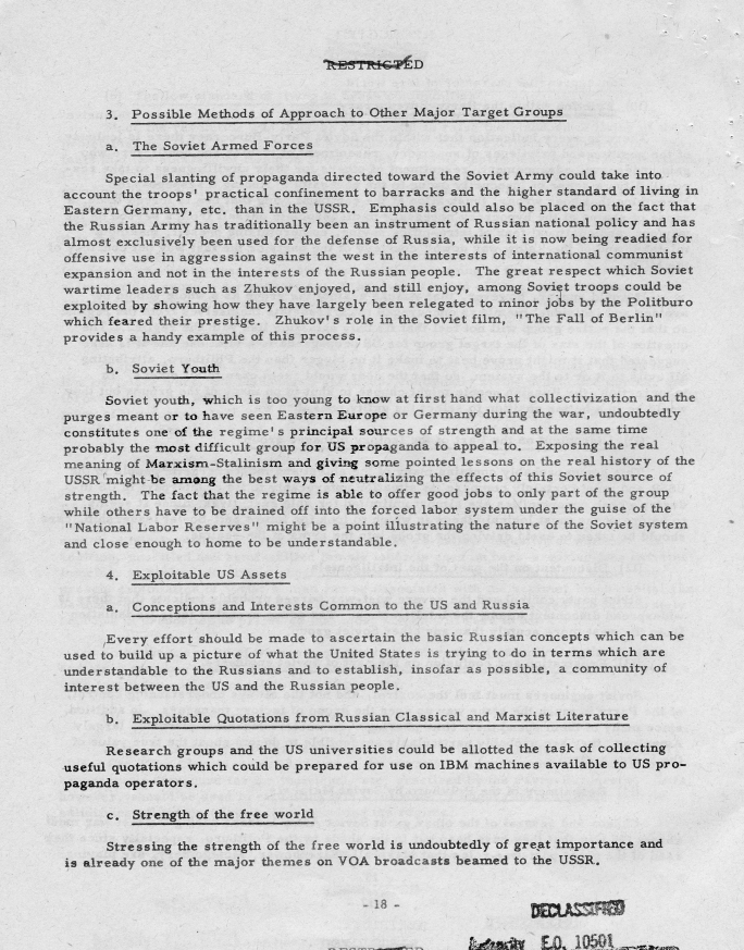 Report, \"An Analysis of the Principal Psychological Vulnerabilities in the USSR and of the Principal Assets Available to the US for Their Exploitation\"