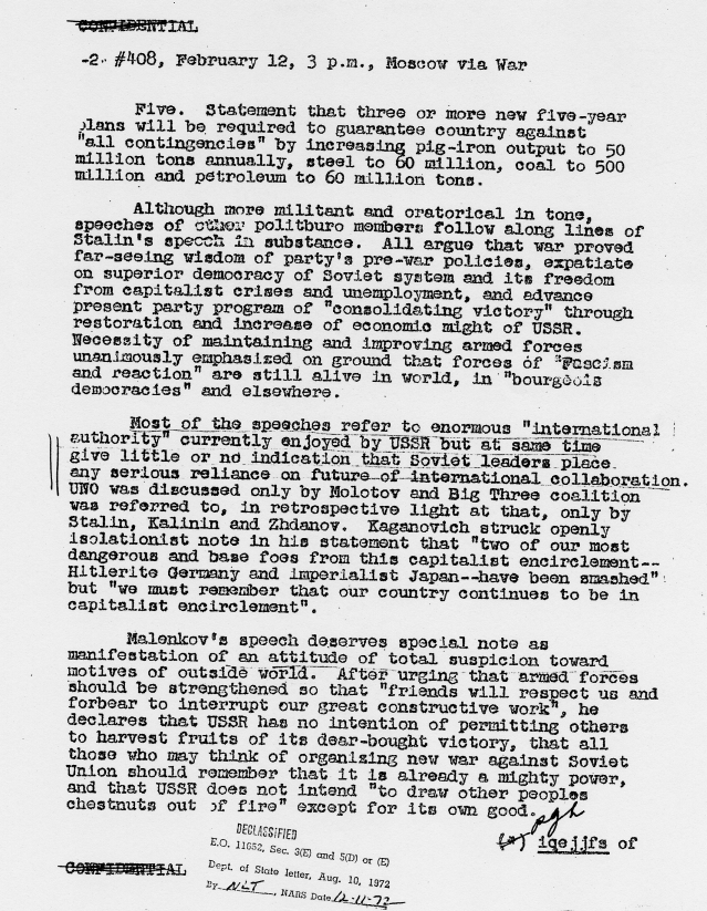 Telegram, George Kennan to James Byrnes