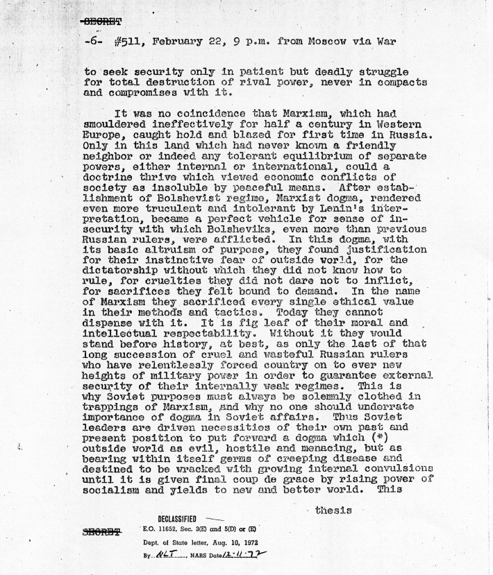 Telegram, George Kennan to James Byrnes [&quot;Long Telegram&quot;]