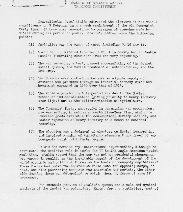 Memorandum, \"Analysis of Stalin\'s Address to Moscow Constituency\"