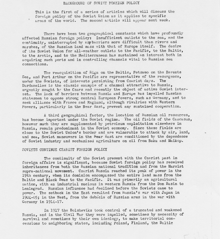 Memorandum, \"Background of Soviet Foreign Policy\"