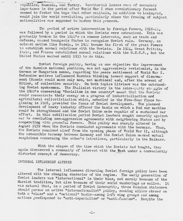 Memorandum, \"Background of Soviet Foreign Policy\"