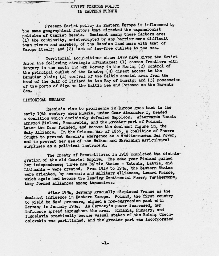 Memorandum, \"Soviet Foreign Policy in Eastern Europe\"