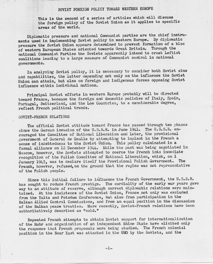 Memorandum, \"Soviet Foreign Policy Toward Western Europe\"