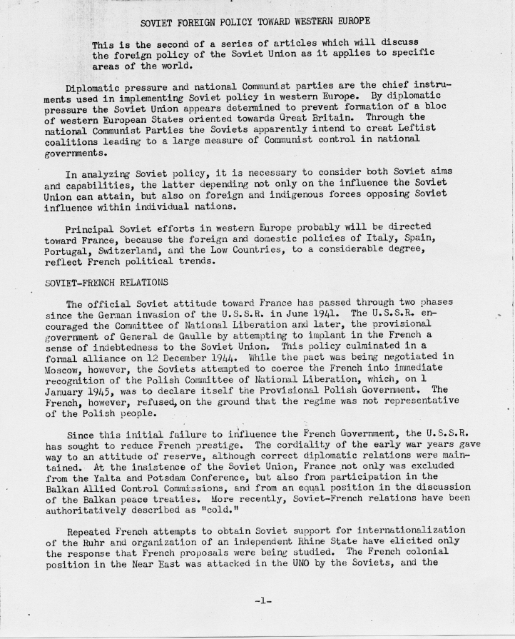 Memorandum, \"Soviet Foreign Policy Toward Western Europe\"