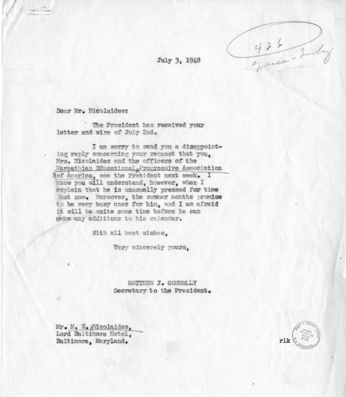 N.E. Nicolaides to Harry S. Truman, with a reply by Matthew Connelly