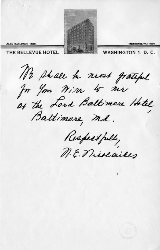 N.E. Nicolaides to Harry S. Truman, with a reply by Matthew Connelly