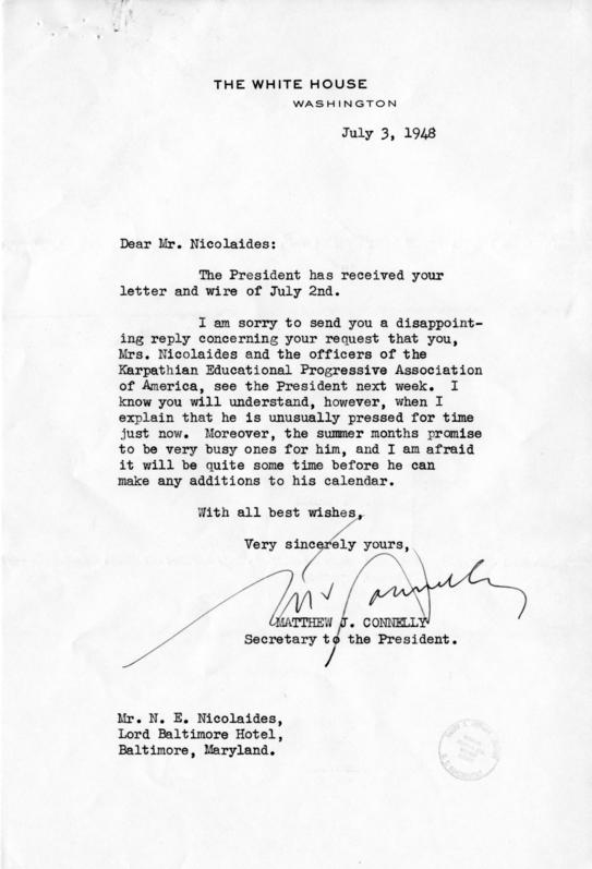 N.E. Nicolaides to Harry S. Truman, with a reply by Matthew Connelly