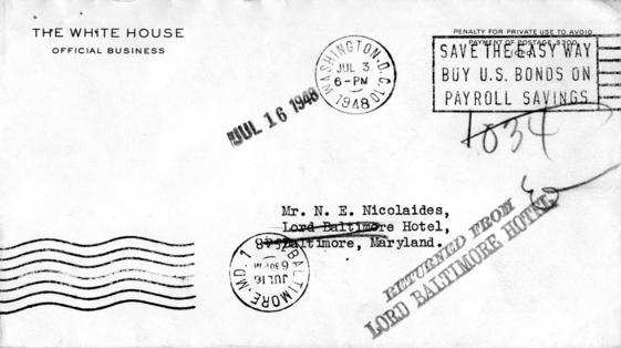N.E. Nicolaides to Harry S. Truman, with a reply by Matthew Connelly