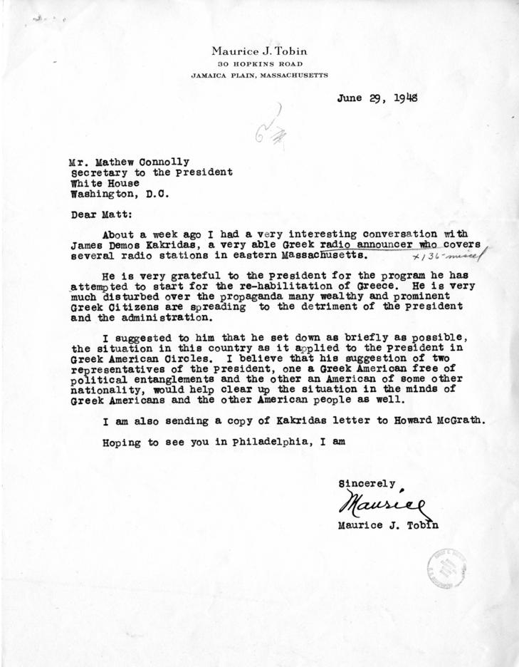 Correspondence between Matthew Connelly and Maurice Tobin, with attachments